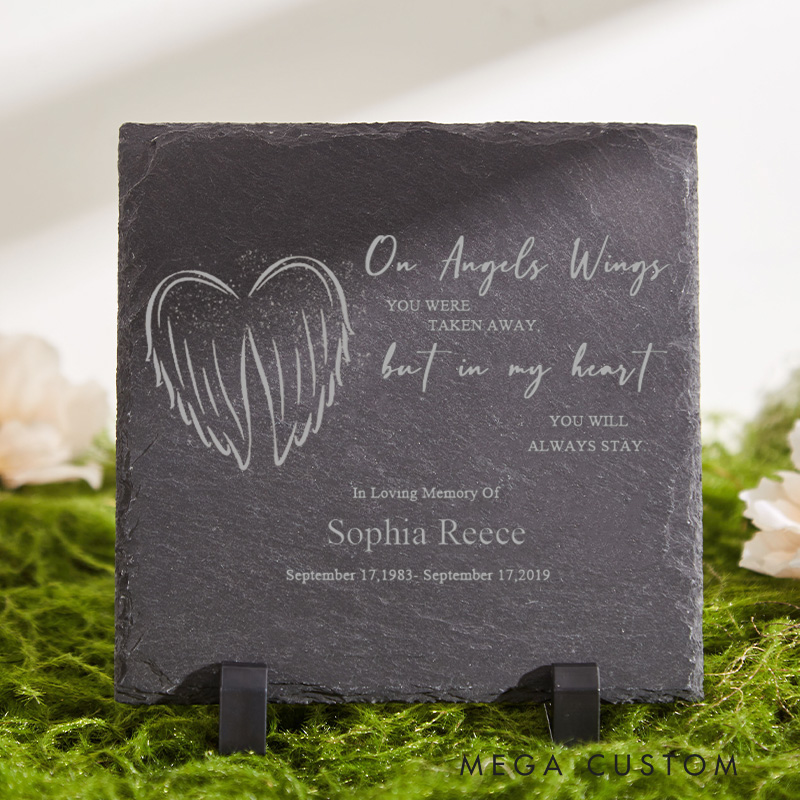 Personalized Memorial Garden Stone On Angels Wings Sympathy Gift Slate Grave Marker Keepsake Remembrance Bereavement Plaque for Loss of Loved One 