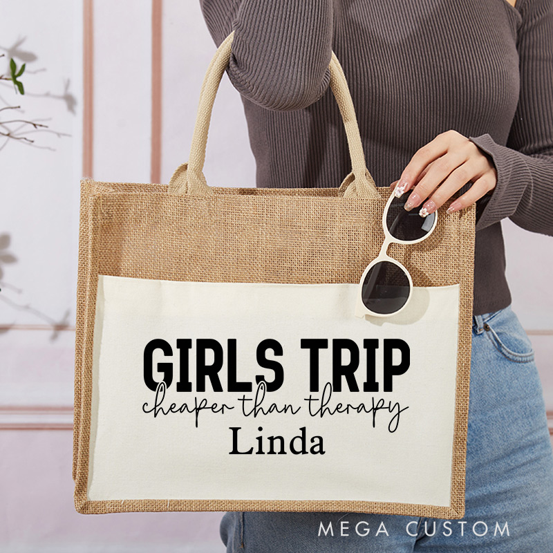 Personalized Girls Trip Cheaper Than Therapy Tote Bag Gift for Traveling Lovers Vacation Gift Jute Bag