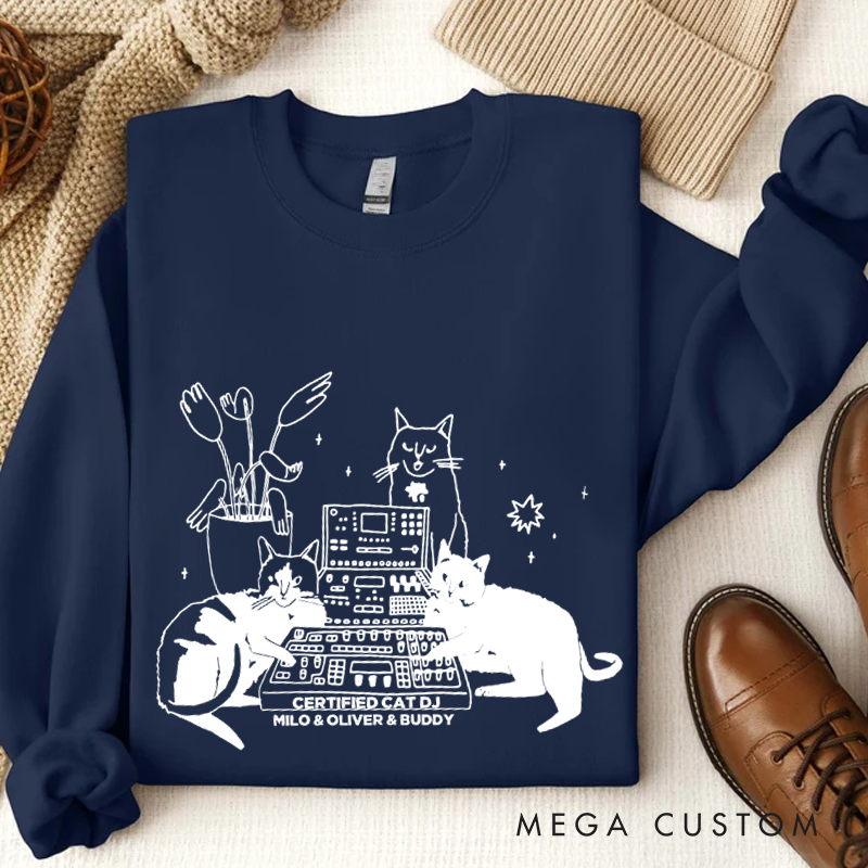 Personalized Classic Sweatshirts with Cat Sitting on Synthesizer and DJ Cat Illustration and Available in Multiple Colors