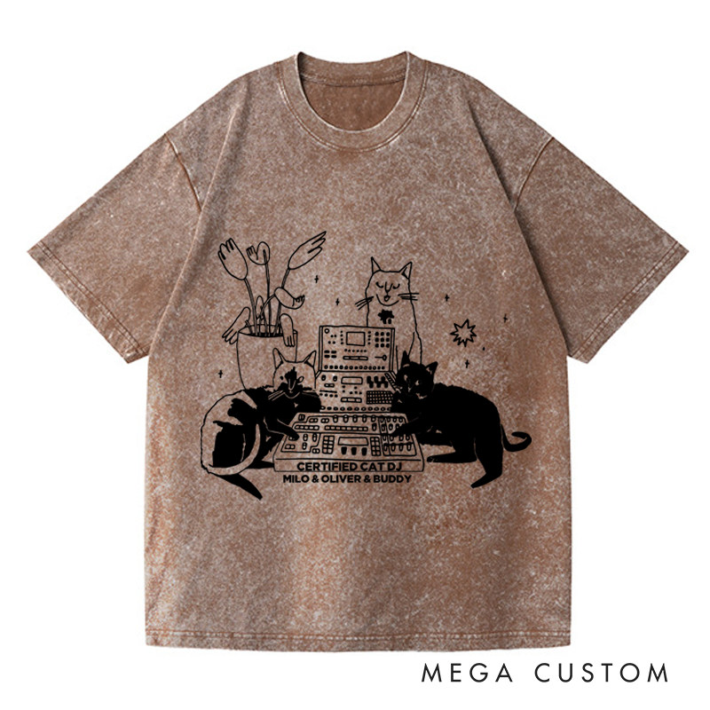 Personalized Washed T-Shirts with Cat Sitting on Synthesizer and DJ Cat Illustration and Available in Multiple Colors