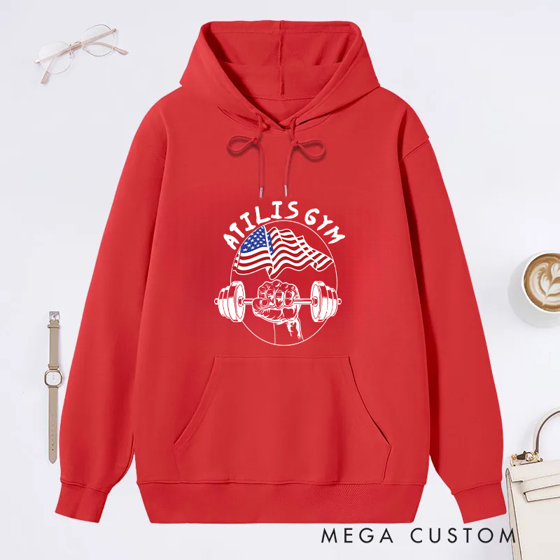 Personalized Fitness Classic Hoodies with American Flag and Barbell for Fitness Enthusiasts Bodybuilders and Gym Lovers