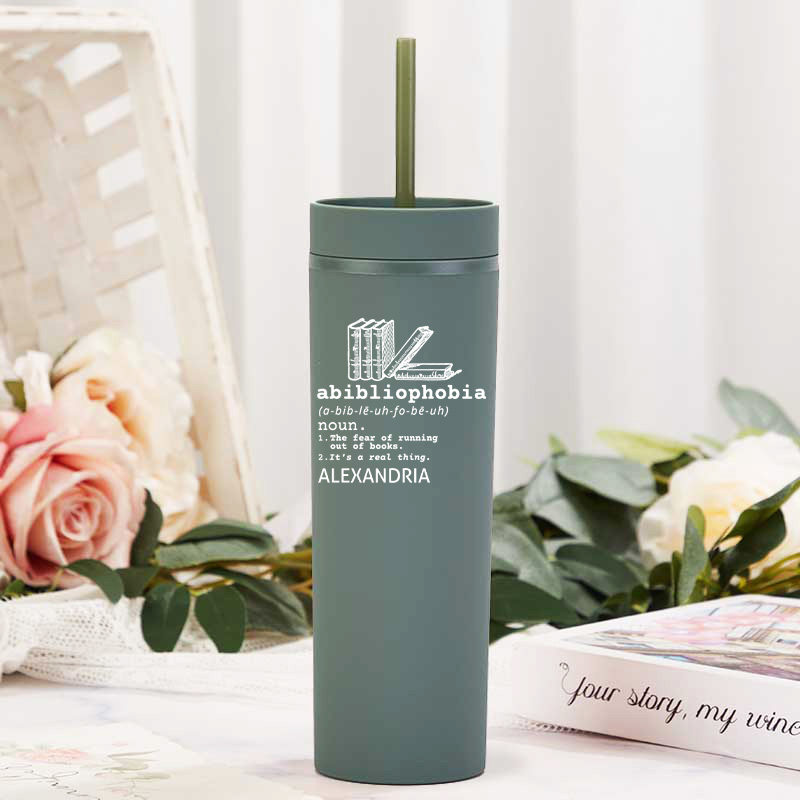 Personalized Abibliophobia Tumbler With Straw Tumbler with Lid Book Lovers Tumbler with Name Bookish Gift Reading Gift Reader Gift