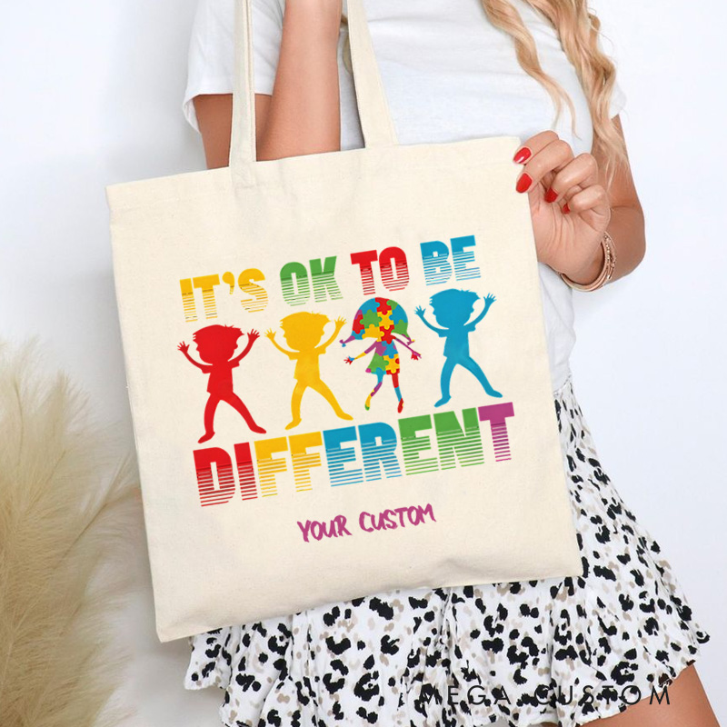 Personalized Autism Awareness Illustration Featuring Inclusion and It’s Okay to Be Different Message for Advocacy Tote Bag