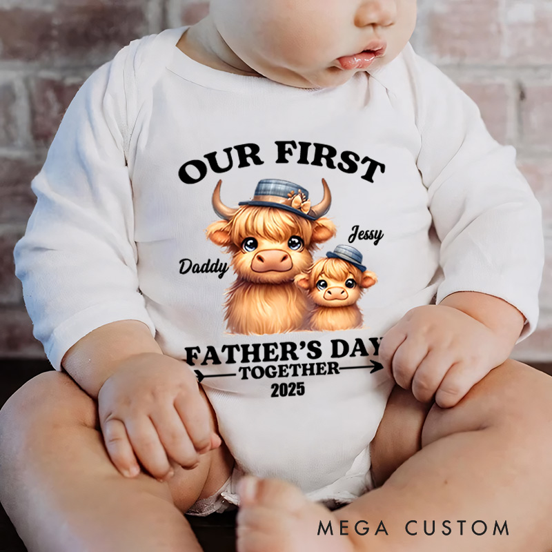 Personalized Highland Cow Dad and Baby Illustration for Our First Father's Day Together Baby Bodysuit