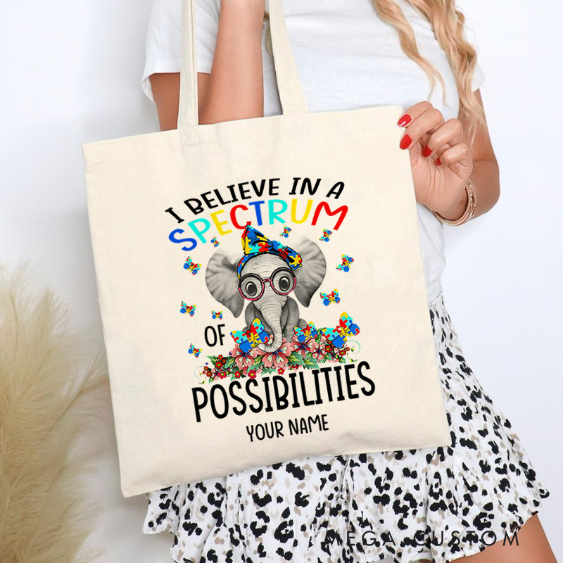 Personalized Autism Awareness Illustration Featuring Elephant and Spectrum of Possibilities Message for Advocacy Tote Bag