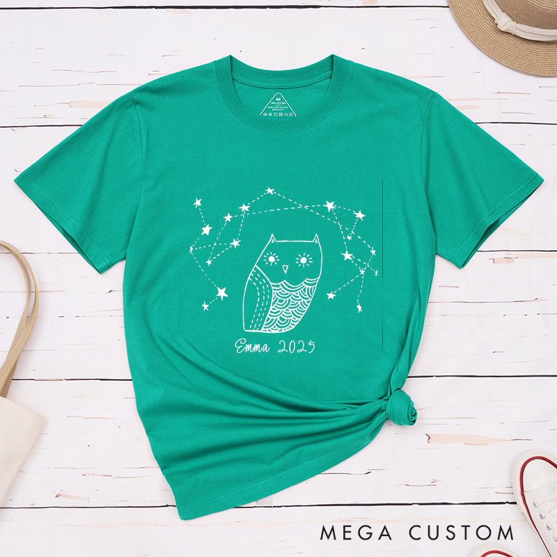 Personalized Owl Constellation T-Shirt Custom Name Unique 2025 Gift for Women Men Star Lover Unisex Tee Hand Drawn Animal Art Birthday Present