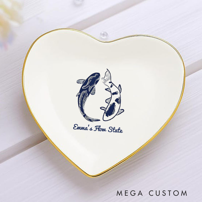 Personalized Ring Dishes with Elegant Koi Fish Design and Gold Trim Perfect for Yoga Lovers, Home Décor, Jewelry Storage, or Unique Gift