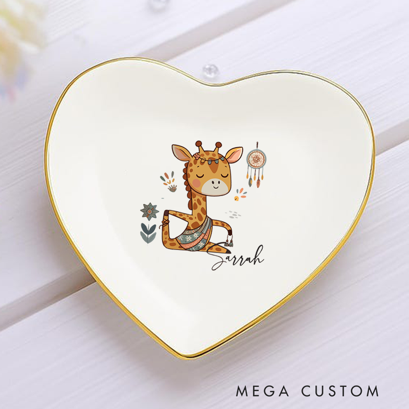 Personalized Ring Dishes with Cute Boho Giraffe Design and Gold Trim Perfect for Yoga Lovers, Home Décor, Jewelry Storage, or Unique Gift