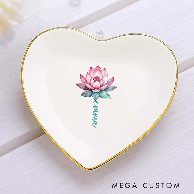 Personalized Ring Dishes with Elegant Lotus Flower Design and Gold Trim Perfect for Yoga Lovers, Home Décor, Jewelry Storage, or Unique Gift