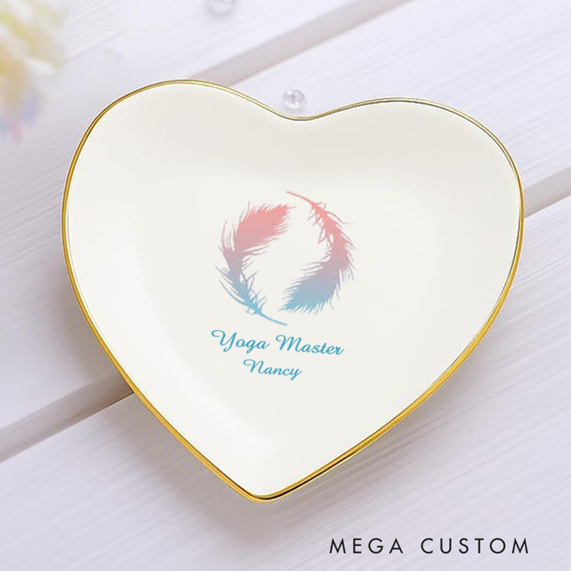 Personalized Ring Dishes with Elegant Feather Design and Gold Trim Perfect for Yoga Lovers, Home Décor, Jewelry Storage, or Unique Gift