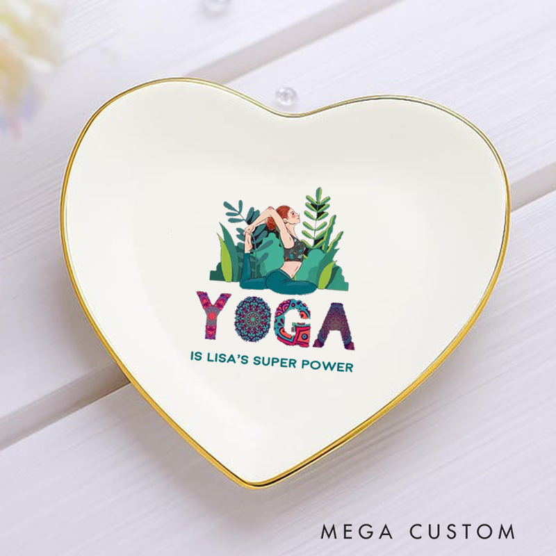 Personalized Ring Dishes with Yoga-Themed Design and Gold Trim Perfect for Yoga Lovers, Home Décor, Jewelry Storage, or Unique Gift
