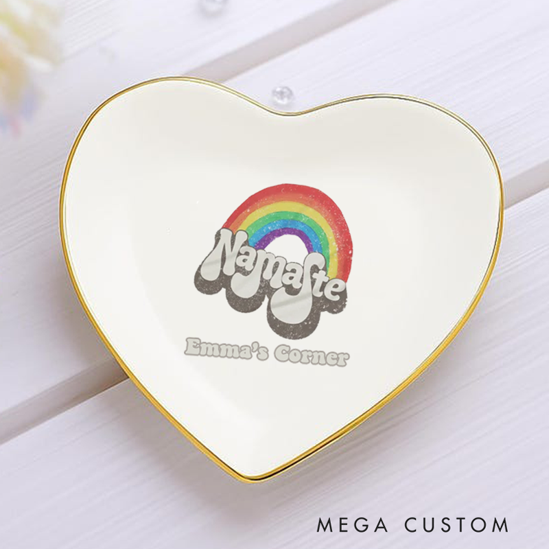 Personalized Ring Dishes with Vibrant Rainbow Namaste Design and Gold Trim Perfect Gift for Jewelry Storage, Home Décor, or Unique Gift for Yoga Lover