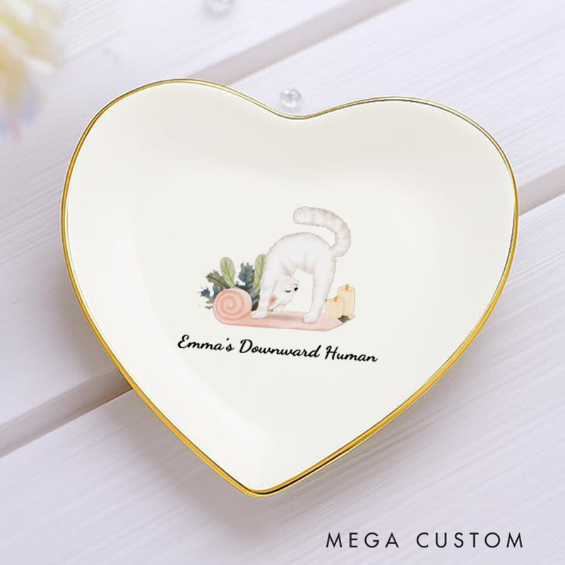 Personalized Ring Dishes with Adorable Yoga Cat Design and Gold Trim Perfect Gift for Jewelry Storage, Home Décor or Unique Gift for Cat and Yoga Lover