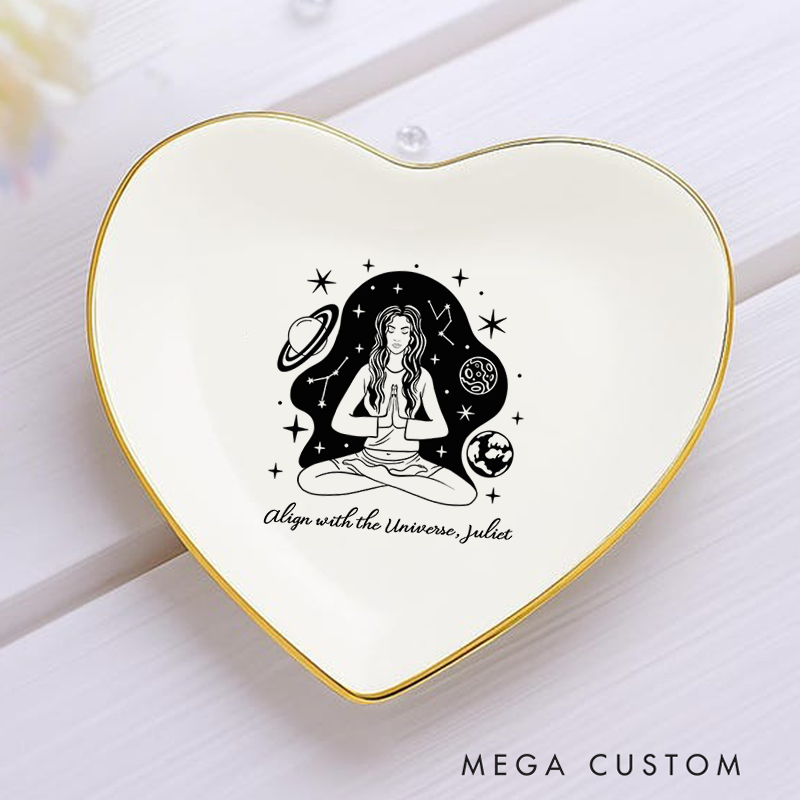 Personalized Ring Dishes with Cosmic Meditation Design and Gold Trim Perfect Gift for Jewelry Storage, Home Décor or Unique Gift for Yoga Lover