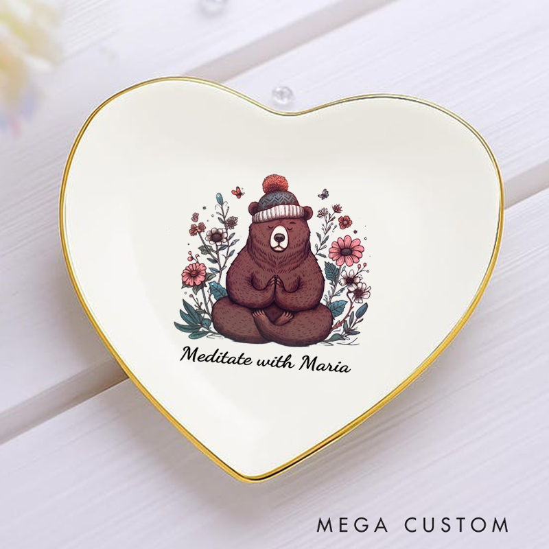 Personalized Ring Dishes with Adorable Meditating Bear Design and Gold Trim Perfect Gift for Jewelry Storage, Home Décor or Unique Gift for Yoga Lover