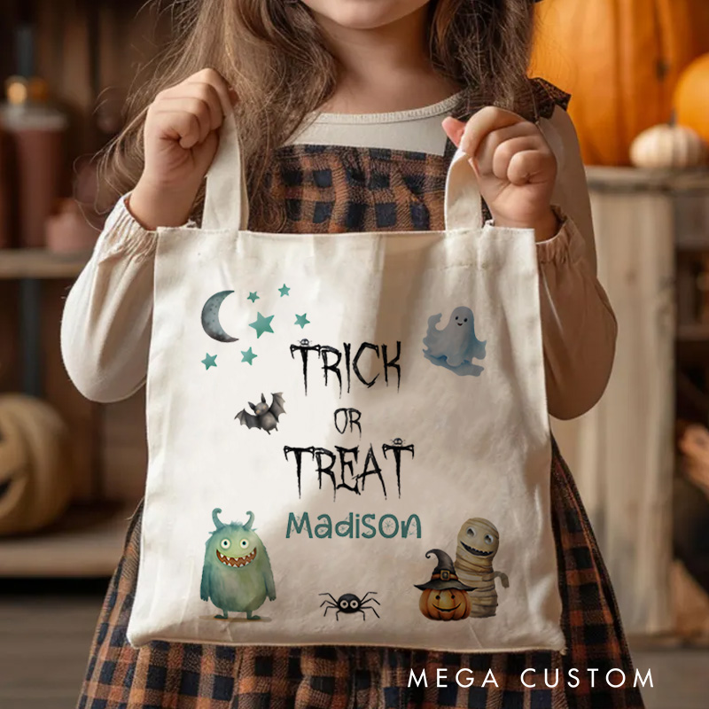 Personalized Trick or Treat Illustration Featuring Monster Ghost and Name for a Fun Halloween Celebration Tote Bag