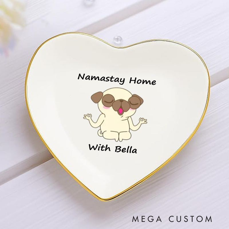 Personalized Ring Dishes with Cute Meditating Dog Design and Gold Trim Perfect Gift for Jewelry Storage, Home Décor or Unique Gift for Yoga Lover