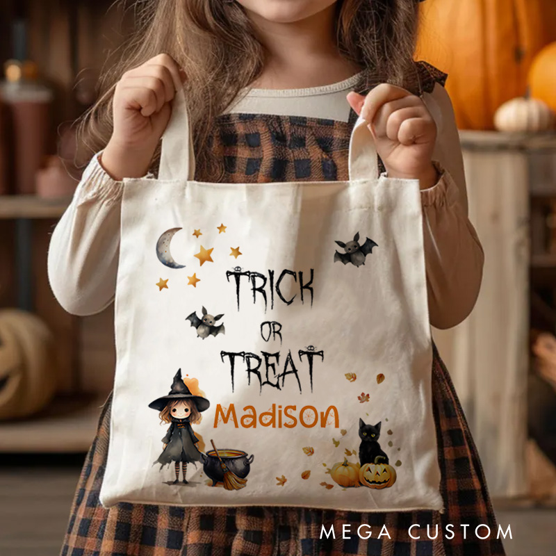 Personalized Trick or Treat Illustration Featuring Witch Cat and Name for a Spooky Halloween Accent Tote Bag