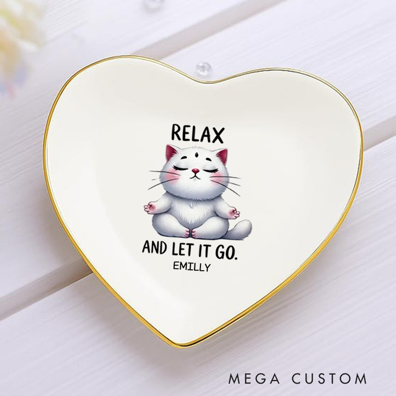 Personalized Ring Dishes with Relaxing Meditating Cat Design and Gold Trim Perfect Gift for Jewelry Storage, Home Décor or Unique Gift for Yoga Lover