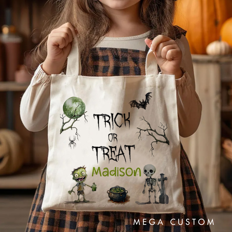 Personalized Trick or Treat Illustration Featuring Skeleton Bat and Name for a Creepy Halloween Decoration Tote Bag