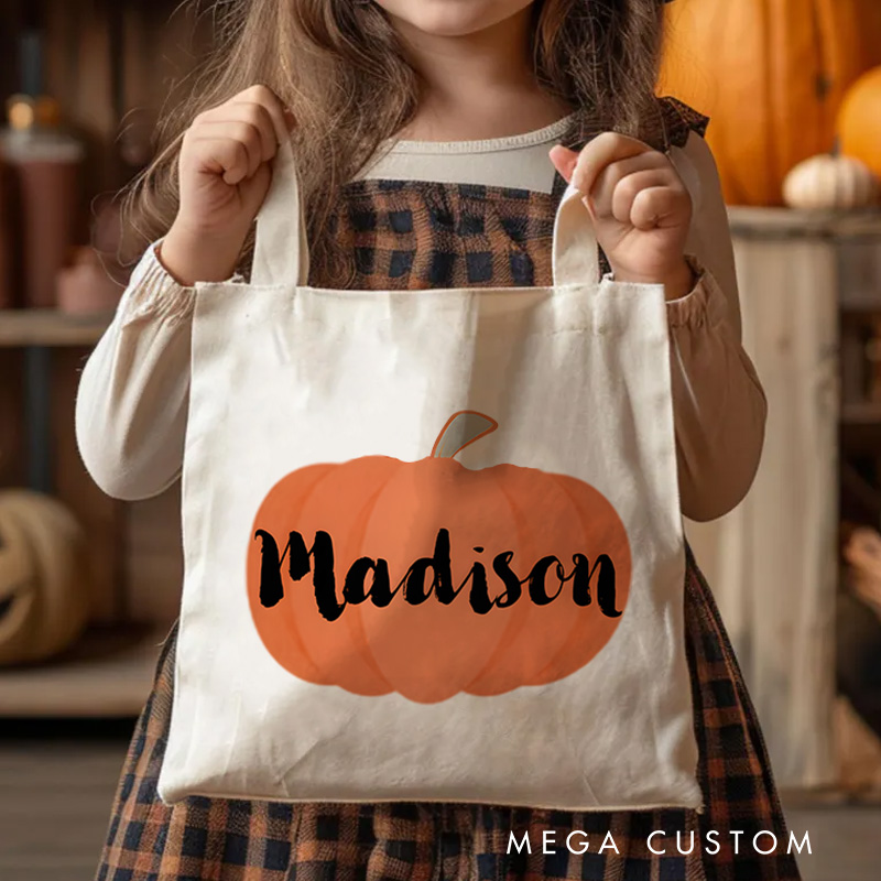 Personalized Pumpkin Illustration Featuring Name with Bold Lettering for a Fun Halloween Celebration Tote Bag