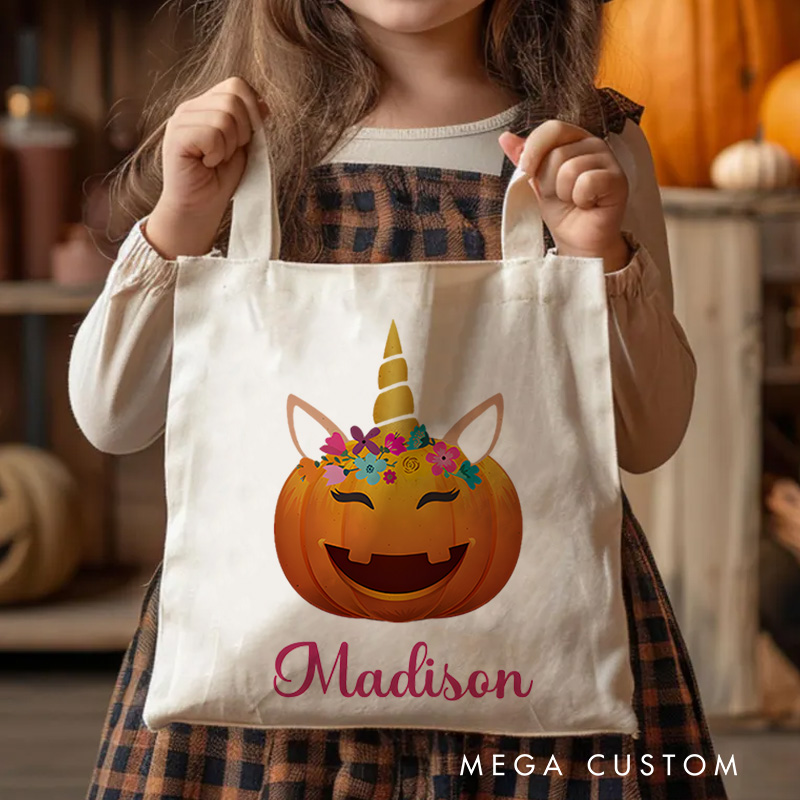 Personalized Pumpkin Illustration with Floral Crown Featuring Name for a Unique Halloween Accent Tote Bag