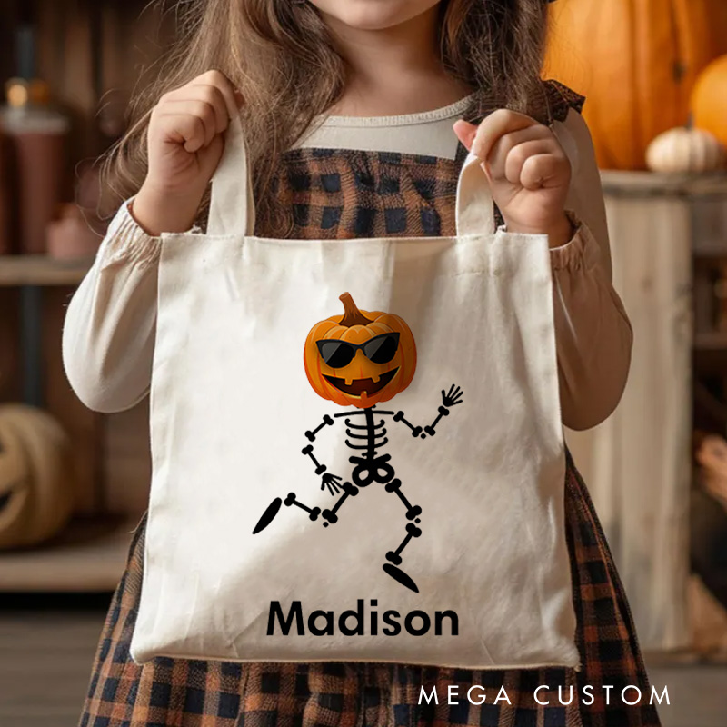 Personalized Skeleton Illustration with Pumpkin Head Featuring Name for a Playful Halloween Accent Tote Bag