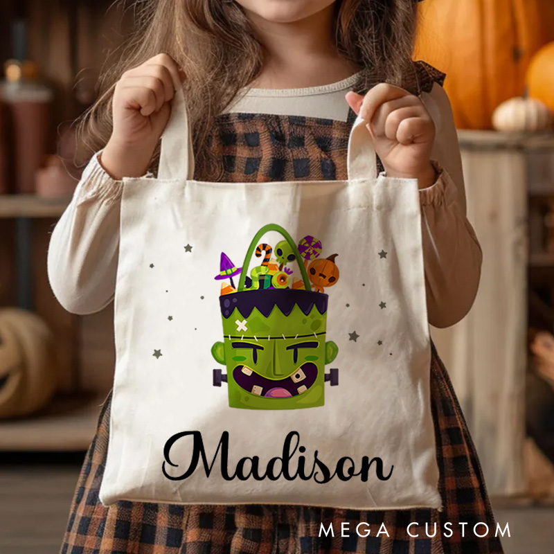 Personalized Frankenstein Illustration Featuring Name for a Fun and Spooky Halloween Celebration Tote Bag