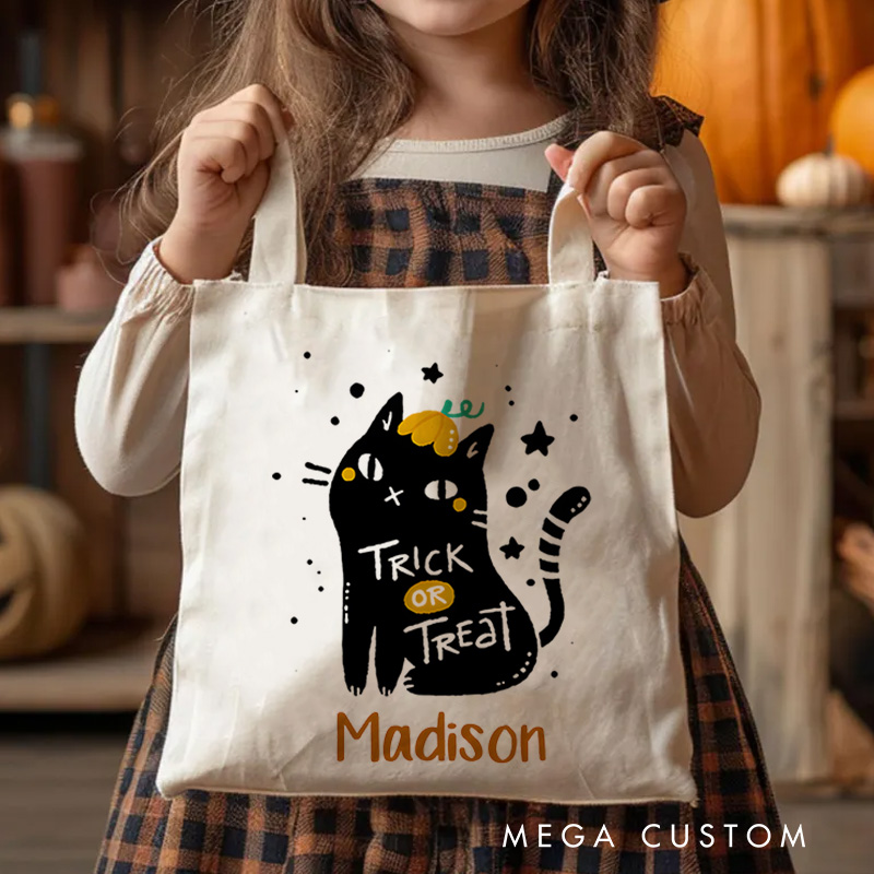 Personalized Black Cat Trick or Treat Illustration Featuring Name for a Cute and Spooky Halloween Accent Tote Bag