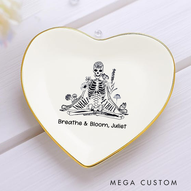 Personalized Ring Dishes with Skeleton Meditation Design and Gold Trim Perfect Gift for Jewelry Storage, Home Décor or Unique Gift for Yoga Lover