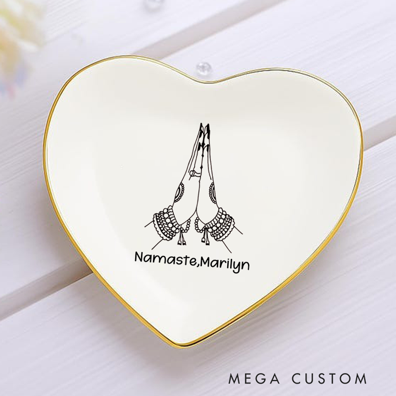 Personalized Ring Dishes with Elegant Namaste Hands Design and Gold Trim Perfect Gift for Jewelry Storage, Home Décor or Unique Gift for Yoga Lover
