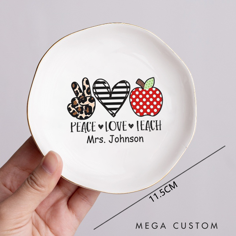 Personalized Jewelry Dish for Teacher Peace Love Teach Irregular Round Ceramic Ring Dish Teacher Appreciation Gift