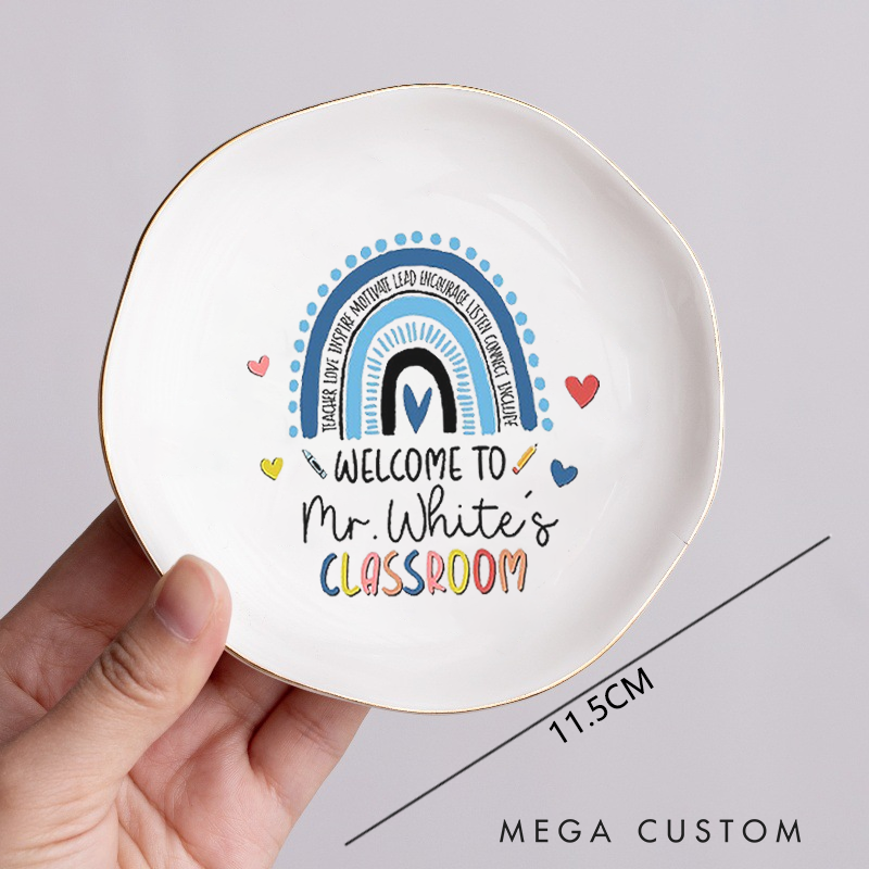 Personalized Jewelry Dish for Teacher Colorful Hand Drawn Rainbow Irregular Round Ceramic Ring Dish Teacher Appreciation Gift