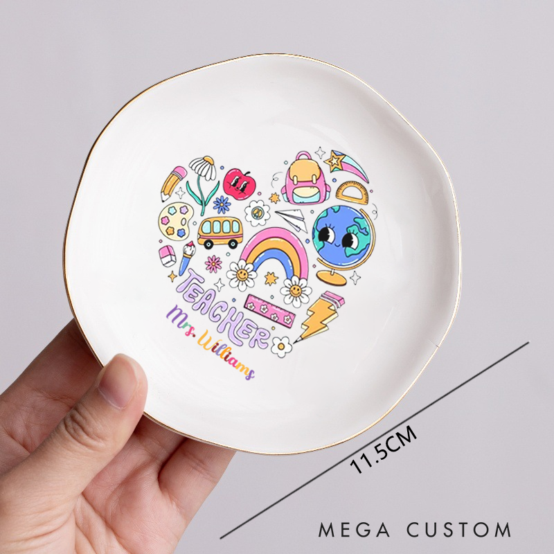 Personalized Jewelry Dish for Teacher School Related Elements Arranged in a Heart shape Irregular Round Ceramic Ring Dish Teacher Appreciation Gift
