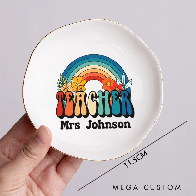 Personalized Jewelry Dish for Teacher Retro Style Rainbow Design Irregular Round Ceramic Ring Dish Teacher Appreciation Gift