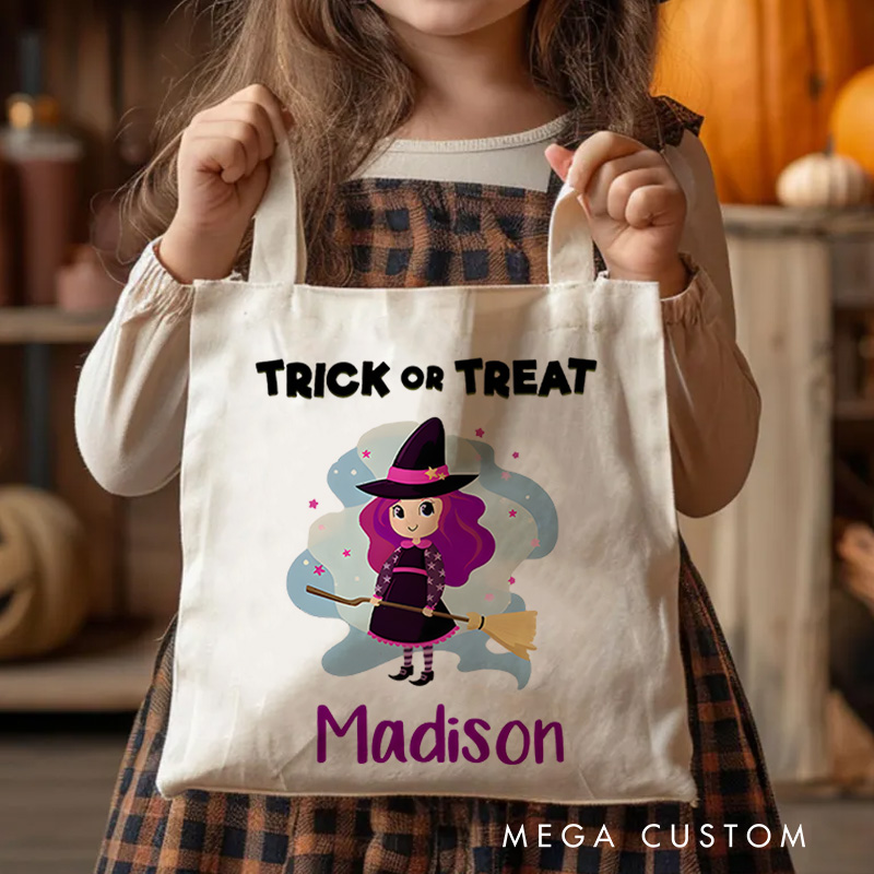 Personalized Witch Trick or Treat Illustration Featuring Name for a Fun and Spooky Halloween Celebration Tote Bag