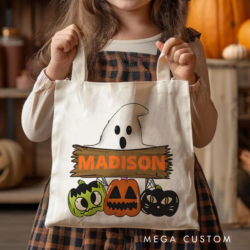 Personalized Ghost and Pumpkin Illustration Featuring Name for a Cute and Festive Halloween Accent Tote Bag