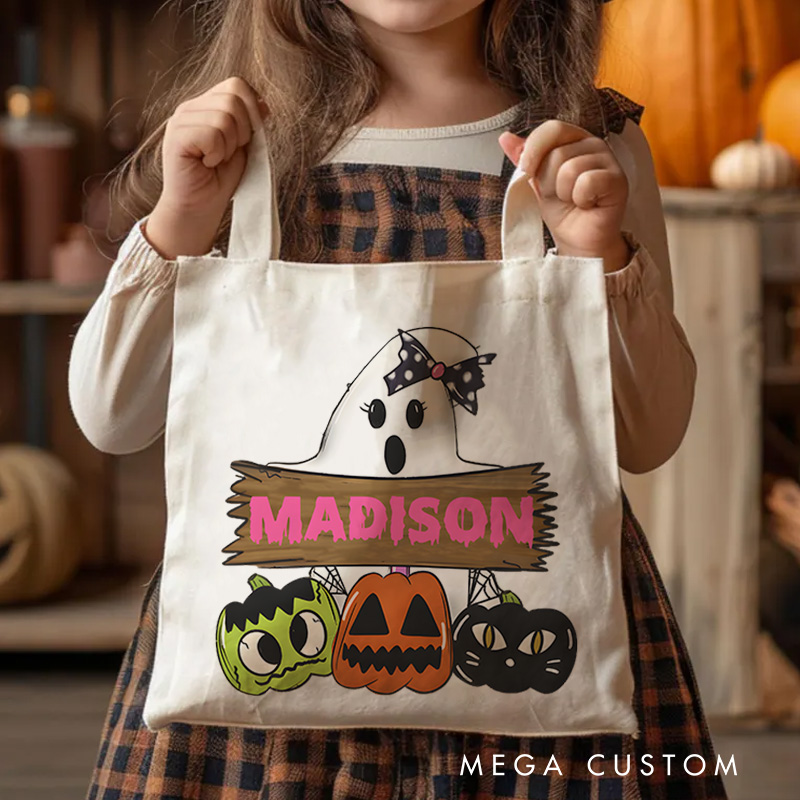Personalized Ghost and Pumpkin Illustration Featuring Name with Playful Details for a Halloween Celebration Tote Bag