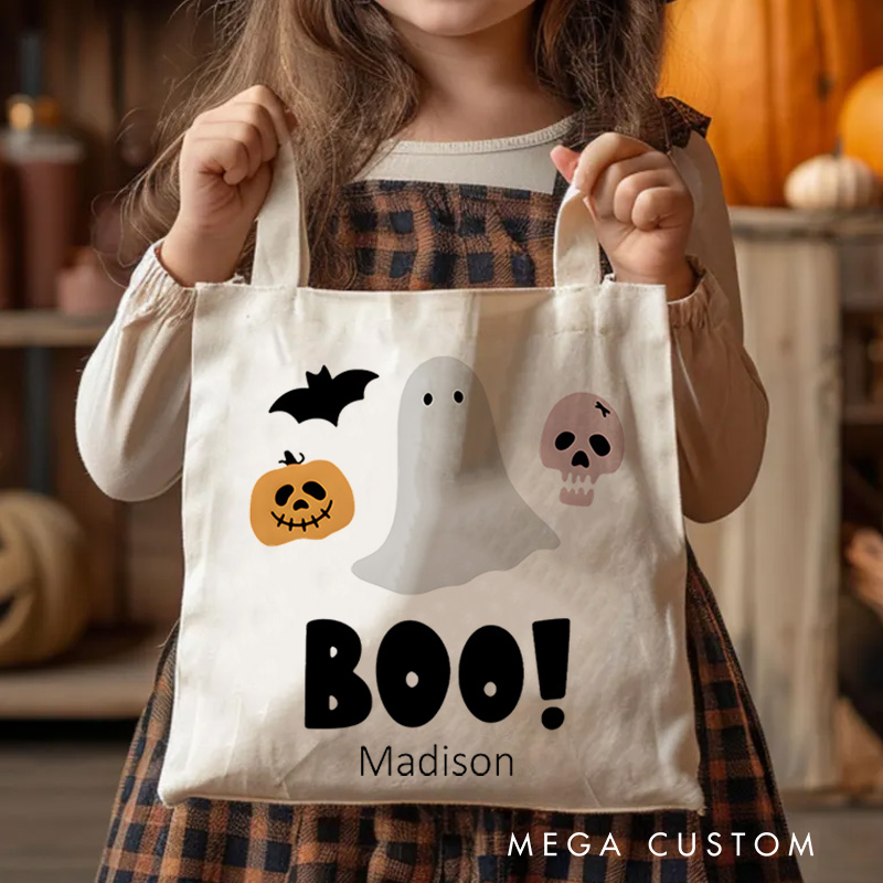 Personalized Boo Ghost Illustration Featuring Name for a Fun and Spooky Halloween Decoration Tote Bag