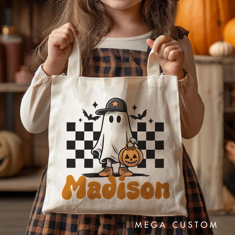 Personalized Ghost and Checkered Pattern Illustration Featuring Name for a Unique Halloween Accent Tote Bag