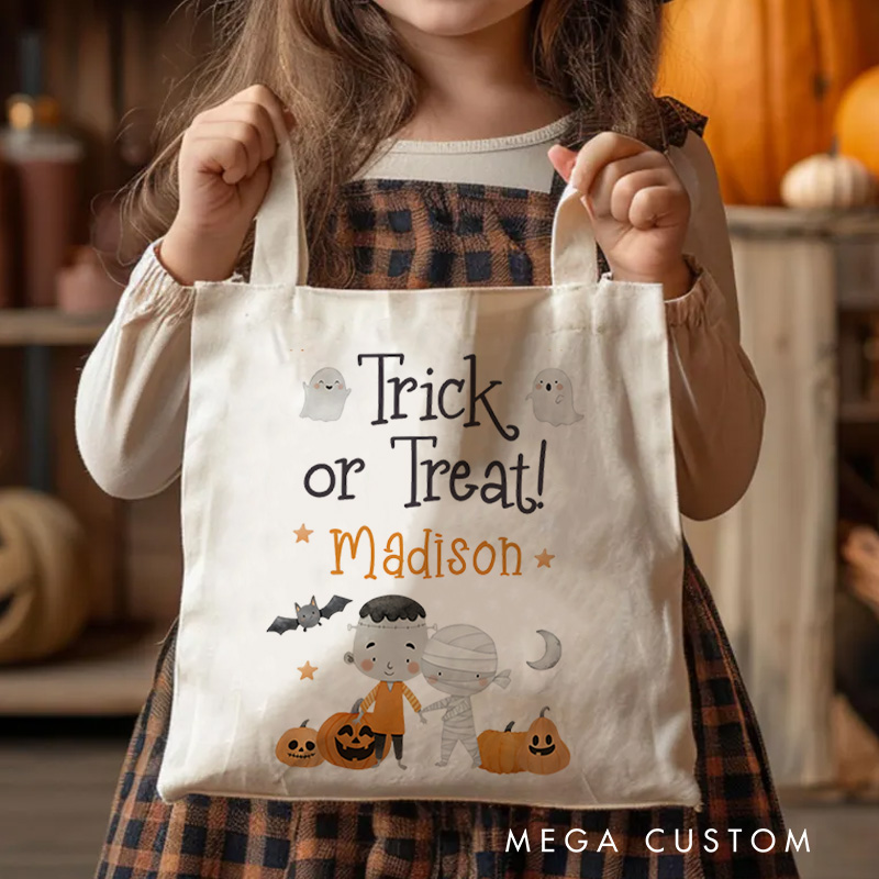 Personalized Trick or Treat Illustration Featuring Ghosts Bats and Name for a Festive Halloween Celebration Tote Bag