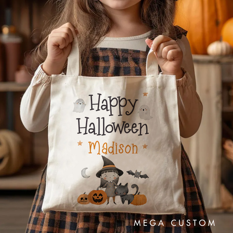 Personalized Happy Halloween Illustration Featuring Ghosts Pumpkins and Name for a Delightful Halloween Accent Tote Bag