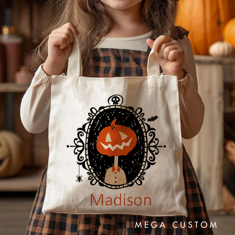 Personalized Pumpkin Illustration in Ornate Frame Featuring Name for a Sophisticated Halloween Decoration Tote Bag
