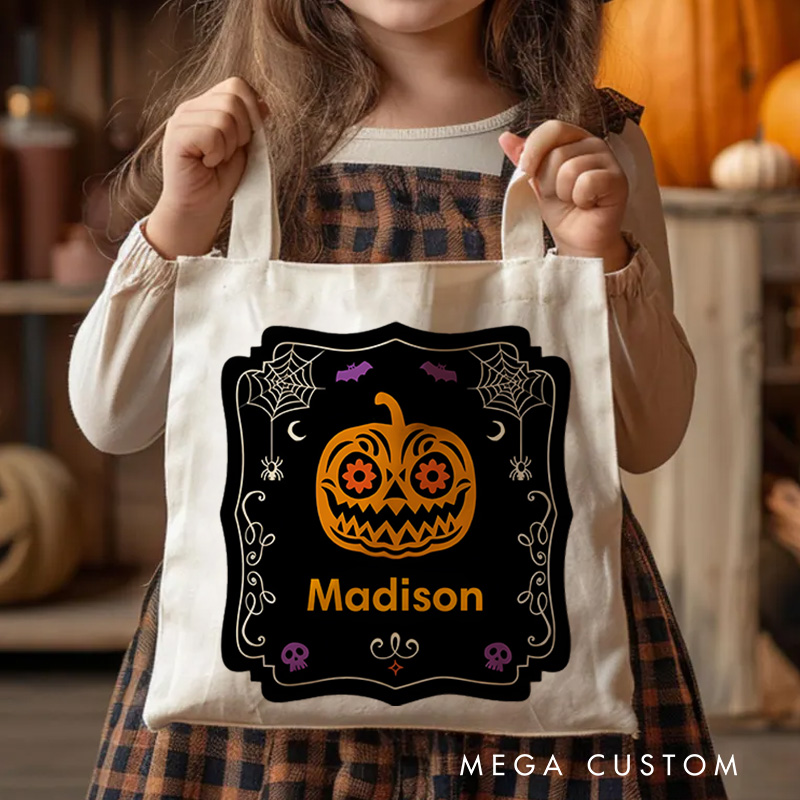 Personalized Halloween Pumpkin Illustration Featuring Name with Elegant Frame for a Stylish Halloween Accent Tote Bag