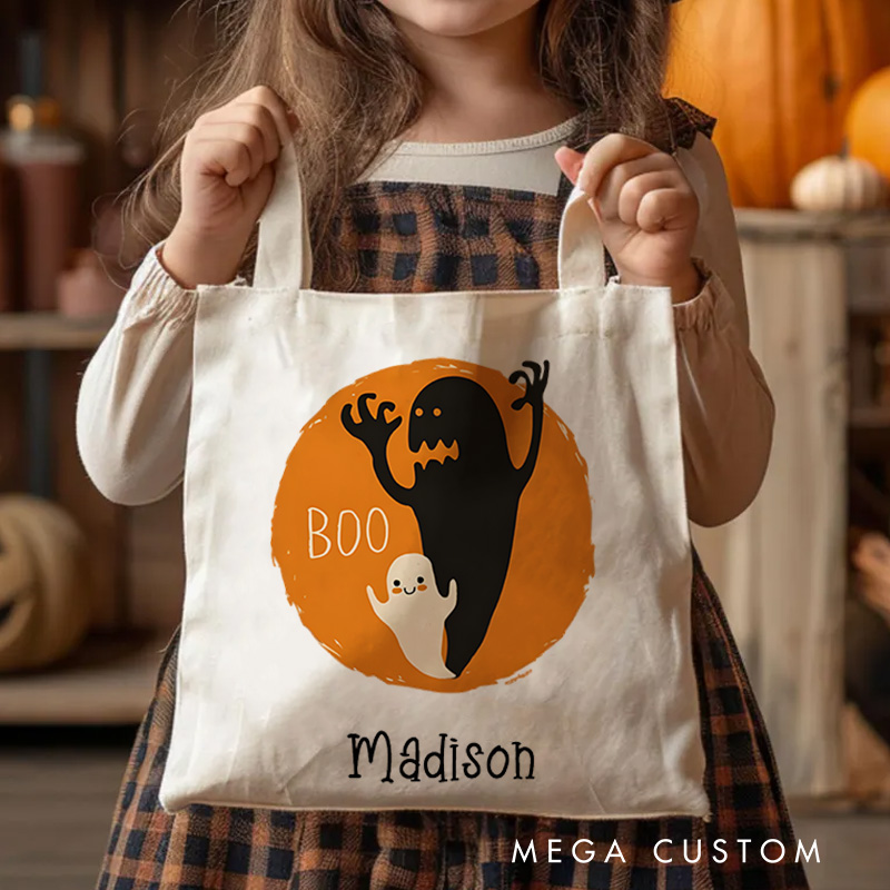 Personalized Boo Ghost Illustration Featuring Name with Orange Background for a Fun Halloween Celebration Tote Bag