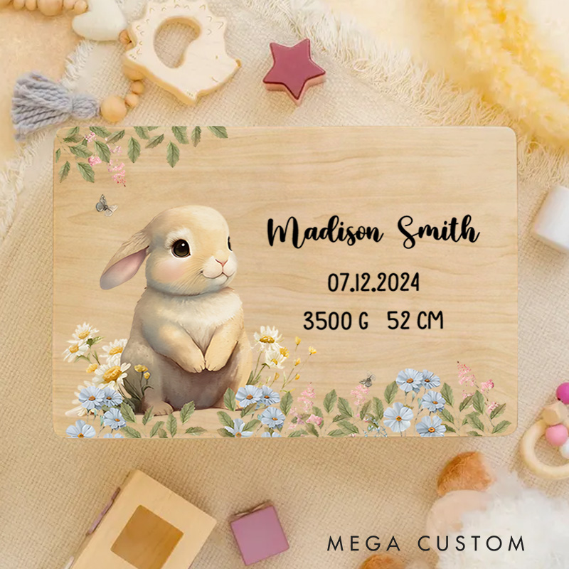 Personalized Bunny Illustration Surrounded by Floral Accents with Baby Details for Celebrating Precious Moments Keepsake Memory Box