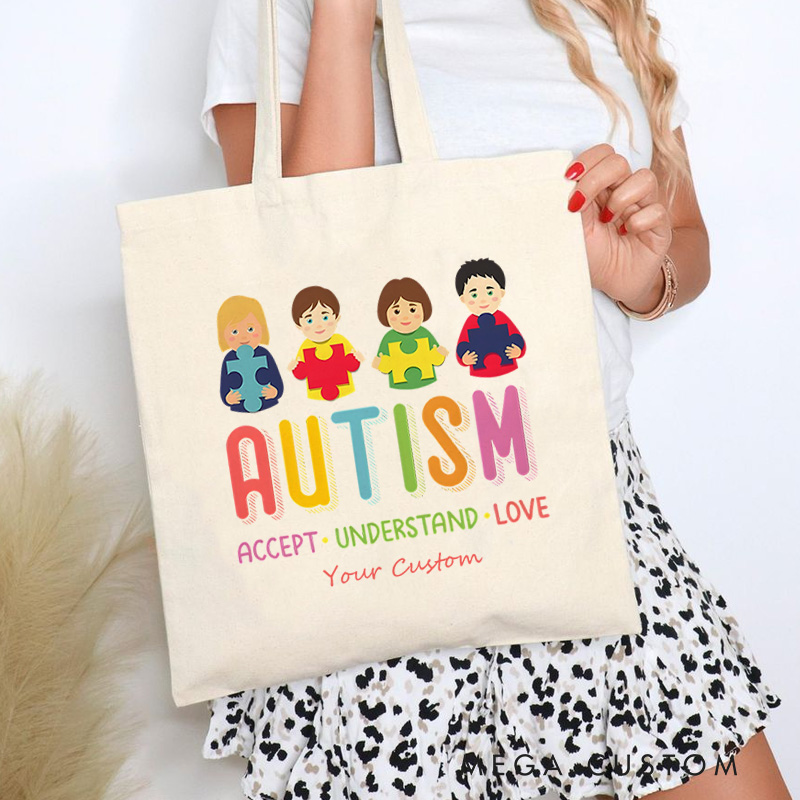 Personalized Autism Awareness Illustration Featuring Diverse Children and Acceptance Message for Advocacy Tote Bag
