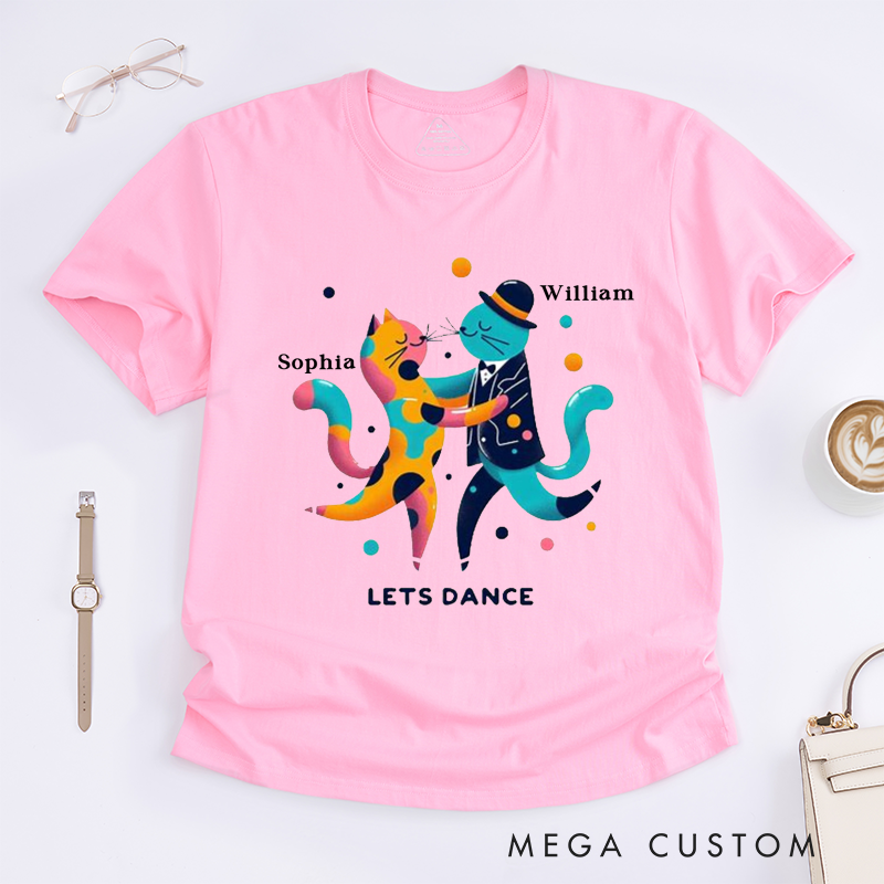 Personalized Classic T-Shirts Dancing Cats Custom Name Cute Gift for Couples Friends Fun Colorful Animal Art Dance Unique Present