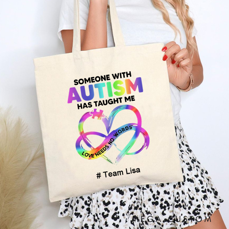 Personalized Autism Awareness Illustration Featuring Infinity Symbol and Love Needs No Words Message for Advocacy Tote Bag