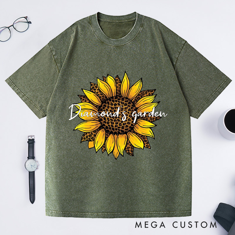 Personalized Leopard Sunflower Washed T-Shirts Sunflower Shirt Leopard And Floral Shirt Flower Shirt Botanical Print Shirt